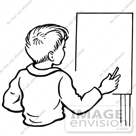 #61815 Clipart Of A Retro Boy By An Easel In Black And White - Royalty Free Vector Illustration by JVPD