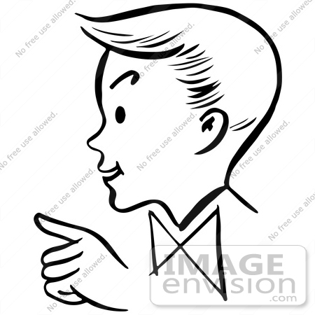 #61816 Clipart Of A Pointing Retro Boy In Profile, In Black And White - Royalty Free Vector Illustration by JVPD