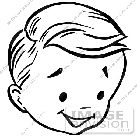 #61817 Clipart Of A Happy Retro Boy Face In Black And White - Royalty Free Vector Illustration by JVPD