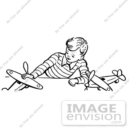 #61818 Clipart Of A Retro Boy Playing With Airplanes In Black And White - Royalty Free Vector Illustration by JVPD