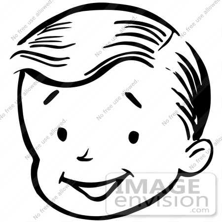 #61820 Clipart Of A Happy Retro Boy Face In Black And White - Royalty Free Vector Illustration by JVPD