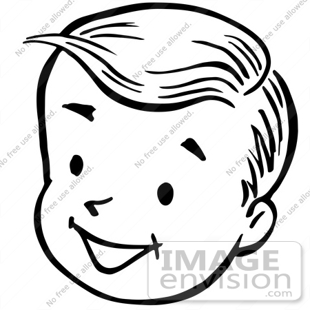 #61822 Clipart Of A Happy Retro Boy Face In Black And White - Royalty Free Vector Illustration by JVPD