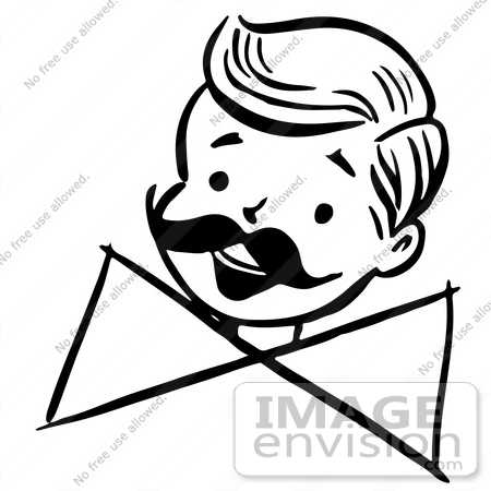 #61826 Clipart Of A Happy Retro Boy With A Mustache And Bow, In Black And White - Royalty Free Vector Illustration by JVPD
