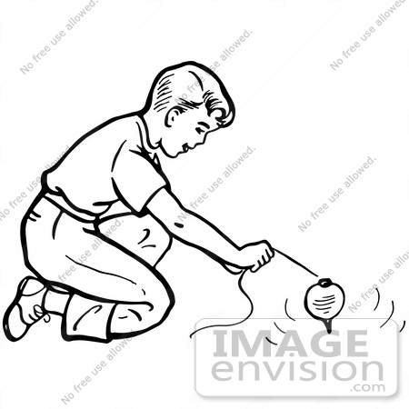 #61832 Clipart Of A Retro Boy Playing With A Top In Black And White - Royalty Free Vector Illustration by JVPD