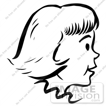 #61834 Clipart Of A Happy Retro Girl In Profile In Black And White - Royalty Free Vector Illustration by JVPD