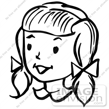 #61840 Clipart Of A Happy Retro Girl In Black And White - Royalty Free Vector Illustration by JVPD