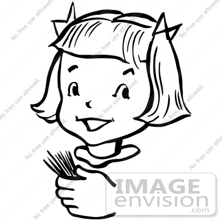 #61842 Clipart Of A Happy Retro Girl Holding Toothpicks In Black And White - Royalty Free Vector Illustration by JVPD