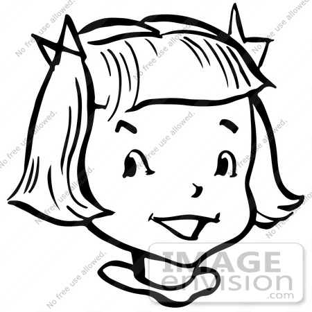 #61843 Clipart Of A Happy Retro Girl In Black And White - Royalty Free Vector Illustration by JVPD