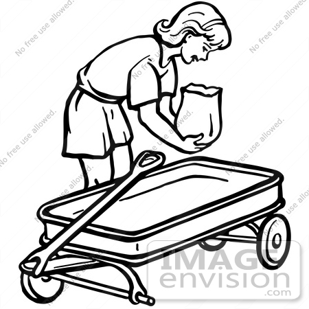 #61844 Clipart Of A Retro Girl Putting A Bag In A Wagon In Black And White - Royalty Free Vector Illustration by JVPD
