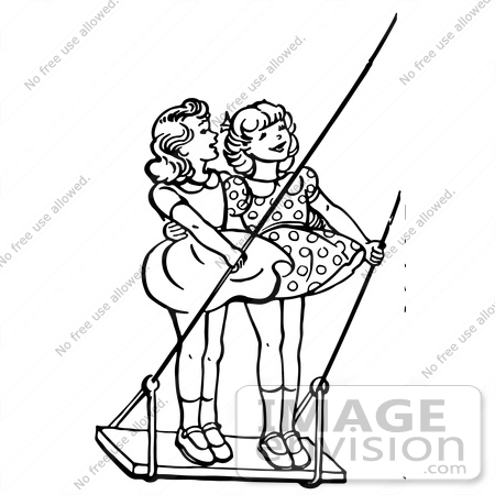 #61847 Clipart Of Retro Girls Standing On A Swing In Black And White - Royalty Free Vector Illustration by JVPD
