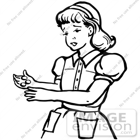 #61849 Clipart Of A Retro Girl Holding Coins In Black And White - Royalty Free Vector Illustration by JVPD