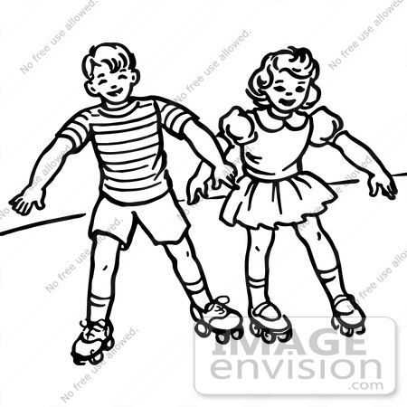 #61861 Clipart Of A Retro Boy And Girl Roller Skating In Black And White - Royalty Free Vector Illustration by JVPD