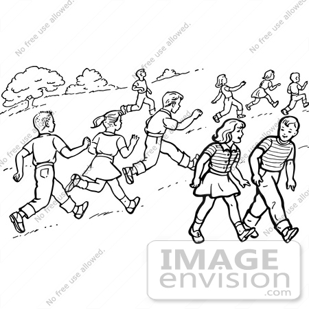 #61862 Clipart Of Retro Boys And Girls Running And Walking In A Park In Black And White - Royalty Free Vector Illustration by JVPD
