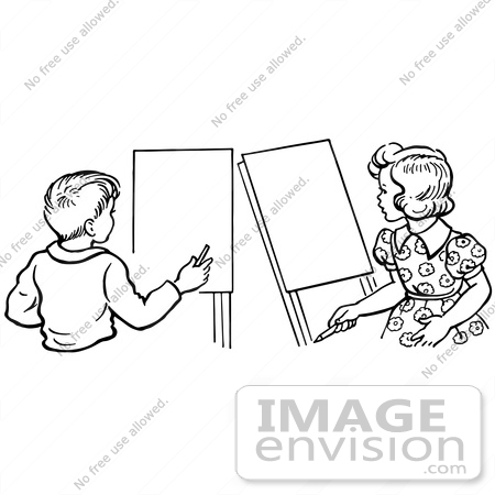 #61863 Clipart Of A Retro Boy And Girl With Art Easels In Black And White - Royalty Free Vector Illustration by JVPD