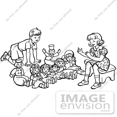 #61864 Clipart Of A Retro Boy And Girl Playing With Dolls In Black And White - Royalty Free Vector Illustration by JVPD