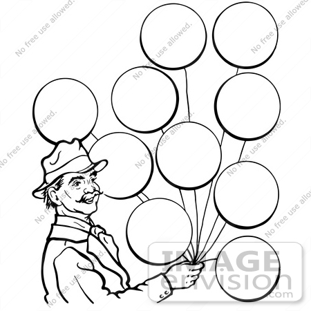 #61866 Clipart Of A Circus Man With Balloons In Black And White - Royalty Free Vector Illustration by JVPD
