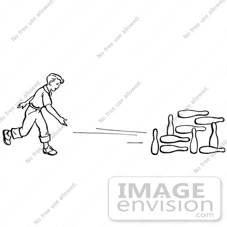 #61867 Clipart Of A Retro Boy Bowling In Black And White - Royalty Free Vector Illustration by JVPD
