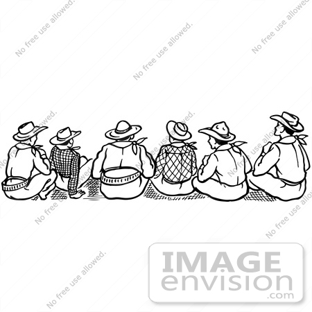 #61869 Clipart Of A Rear View Of Cowboys Sitting In Black And White - Royalty Free Vector Illustration by JVPD