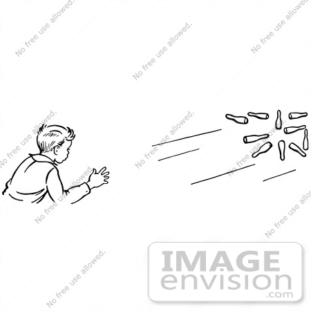 #61870 Clipart Of A Retro Boy Bowling In Black And White - Royalty Free Vector Illustration by JVPD