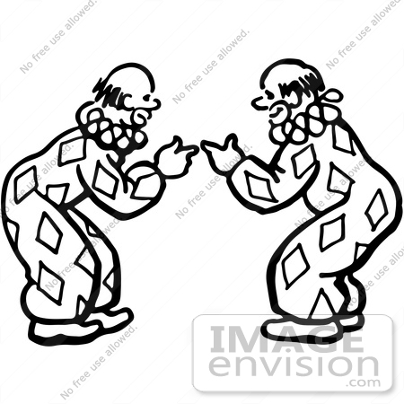 #61872 Clipart Of Clowns Bending Over And Pointing At Each Other In Black And White - Royalty Free Vector Illustration by JVPD