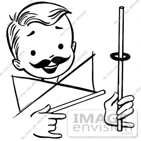 #61881 Clipart Of A Happy Retro Boy Performing A Rising Ring Magic Trick, In Black And White - Royalty Free Vector Illustration by JVPD