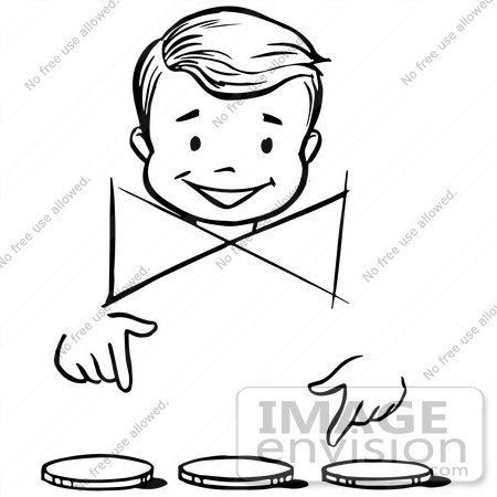 #61882 Clipart Of A Happy Retro Boy Performing A Three Coin Fooler Magic Trick, In Black And White - Royalty Free Vector Illustration by JVPD