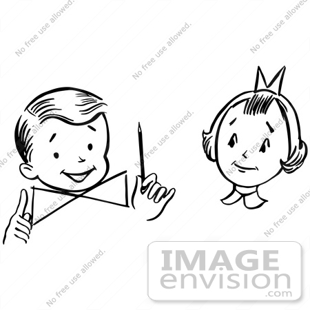 #61884 Clipart Of A Girl Watching A Boy Perform A Magic Dial Magic Trick, In Black And White - Royalty Free Vector Illustration by JVPD
