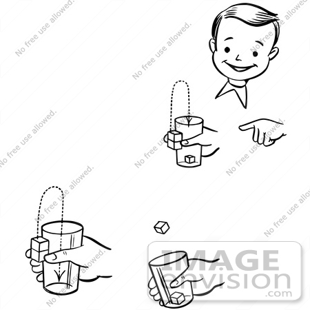 #61885 Clipart Of A Happy Retro Boy Performing Steps Of A Jumping Cubes Magic Trick, In Black And White - Royalty Free Vector Illustration by JVPD