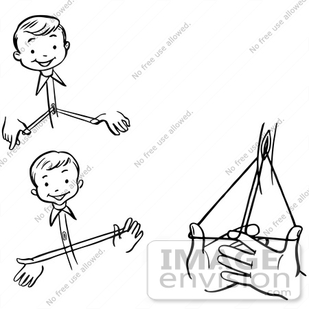 #61888 Clipart Of A Happy Retro Boy Performing Steps Of A Buttonhole Roll Magic Trick, In Black And White - Royalty Free Vector Illustration by JVPD