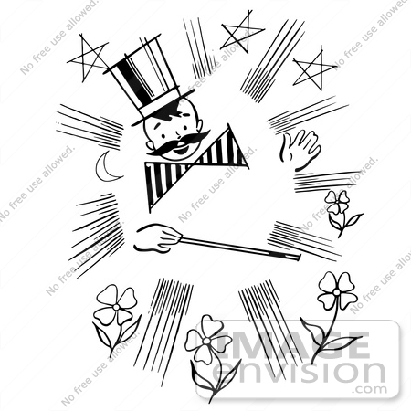 #61891 Clipart Of A Happy Retro Magician Boy With A Mustache And Wand, In Black And White - Royalty Free Vector Illustration by JVPD