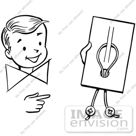 #61898 Clipart Of A Happy Retro Boy Performing A Button Trick Magic Trick, In Black And White - Royalty Free Vector Illustration by JVPD