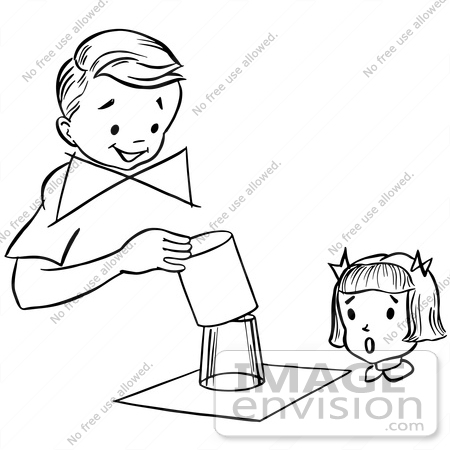 #61899 Clipart Of A Girl Watching A Boy Perform A Magic Glass Magic Trick, In Black And White - Royalty Free Vector Illustration by JVPD