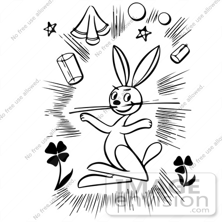 #61900 Clipart Of A Magic Rabbit And Items In Black And White - Royalty Free Vector Illustration by JVPD