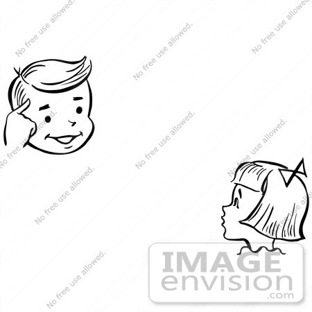 #61902 Clipart Of A Girl Watching A Boy Perform A Mind Reading Magic Trick, In Black And White - Royalty Free Vector Illustration by JVPD