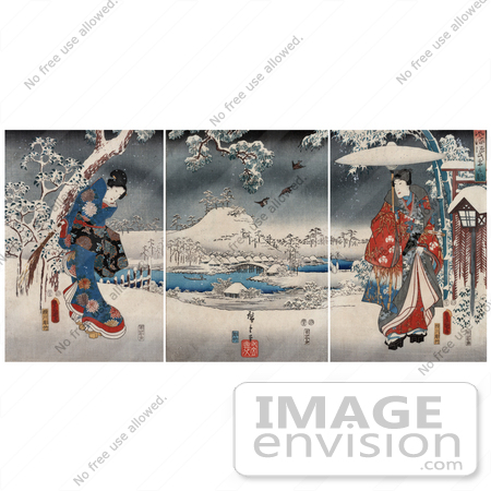 #7318 Photo of a Geisha Woman in a Gown and a Man Holding an Umbrella in a Snowy Landscape by JVPD