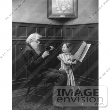 #7375 Stock Image of an Old Man Playing Violin, Girl Turning Sheet Music by JVPD
