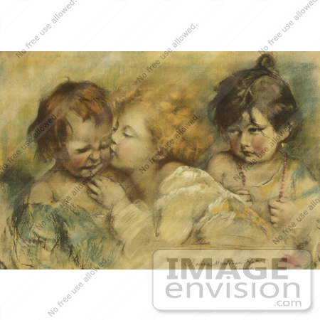 #7460 Stock Picture of Three Children, One Kissing Another by JVPD