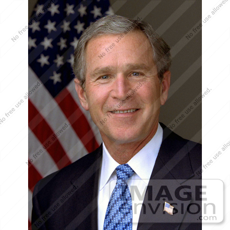 #7514 Stock Photo of a Portrait of the 43rd American President, George W Bush, Smiling and Posed in Front of an American Flag by JVPD