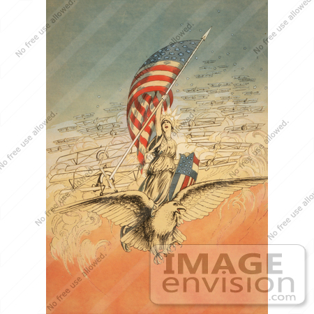 #7579 Picture of Columbia on an Eagle, Holding Flag, Followed by Airplanes by JVPD