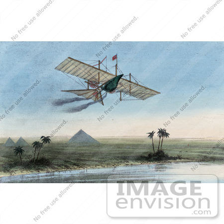 #7684 Stock Photography of a Winged Boat or Carriage of the British Aerial Transit Company Passing Over the Nile River and the Egyptian Pyramids by JVPD