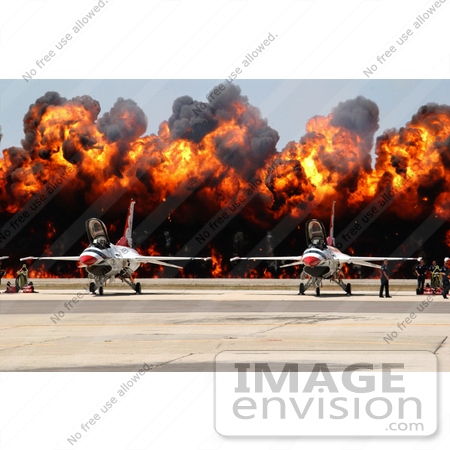 #8912 Picture of a Wall of Flames Behind F-16 Fighter Jets by JVPD