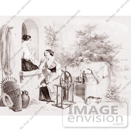 #9390 Picture of Women Stitching and Using a Spinning Wheel by JVPD