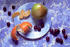 #17145 Picture of an Apple, Curly Orange Peel, 3 Orange Slices, and Purple Grapes on a Plate by JVPD