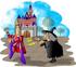#17637 Warty Old Halloween Witch Casting a Spell on a Prince in Front of a Castle Clipart by DJArt
