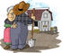 #18529 Senior Farmer and Wife Couple Embracing Near a White Stable Barn on a Farm Clipart by DJArt