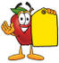 #22349 Clip art Graphic of a Red Apple Cartoon Character Holding a Yellow Sales Price Tag by toons4biz