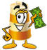 #22643 Clip art Graphic of a Construction Road Safety Barrel Cartoon Character Holding a Dollar Bill by toons4biz