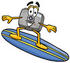 #23136 Clip Art Graphic of a Flash Camera Cartoon Character Surfing on a Blue and Yellow Surfboard by toons4biz