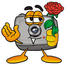 #23176 Clip Art Graphic of a Flash Camera Cartoon Character Holding a Red Rose on Valentines Day by toons4biz