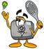 #23202 Clip Art Graphic of a Flash Camera Cartoon Character Preparing to Hit a Tennis Ball by toons4biz